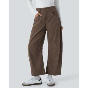 Halara Mid Rise Zipper Pockets Barrel Leg Ankle Length Corduroy Pants Sz XL Brow